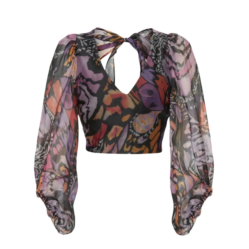 Hutch Hart Butterfly Print Open Back Crop Top Balloon Sleeve Purple Orange L - Picture 3 of 11